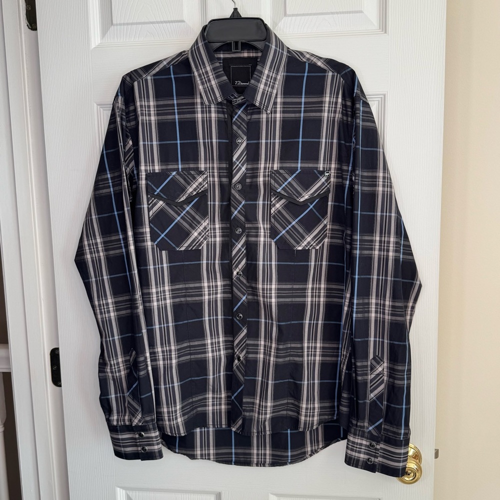 7 Diamonds $119 Plaid Long Sleeve Pearl Snap Button Up 100% Cotton Shirt XL
